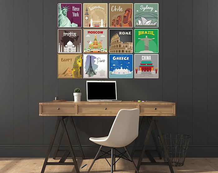 12x2 (24 pcs) TRAVEL THE WORLD WITH THESE ILLUSTRATED STAMP WALL