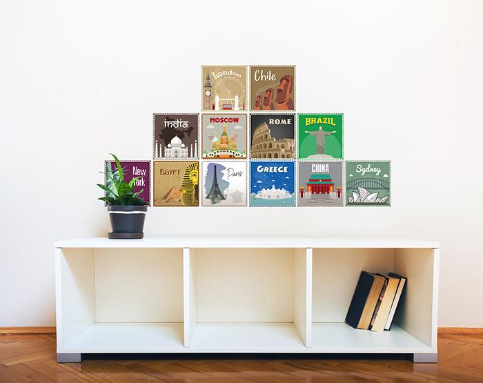 12x2 (24 pcs) TRAVEL THE WORLD WITH THESE ILLUSTRATED STAMP WALL