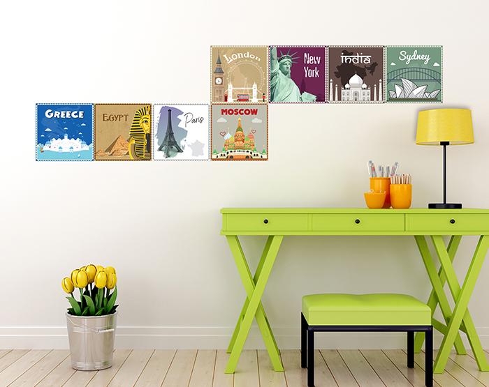 12x2 (24 pcs) TRAVEL THE WORLD WITH THESE ILLUSTRATED STAMP WALL