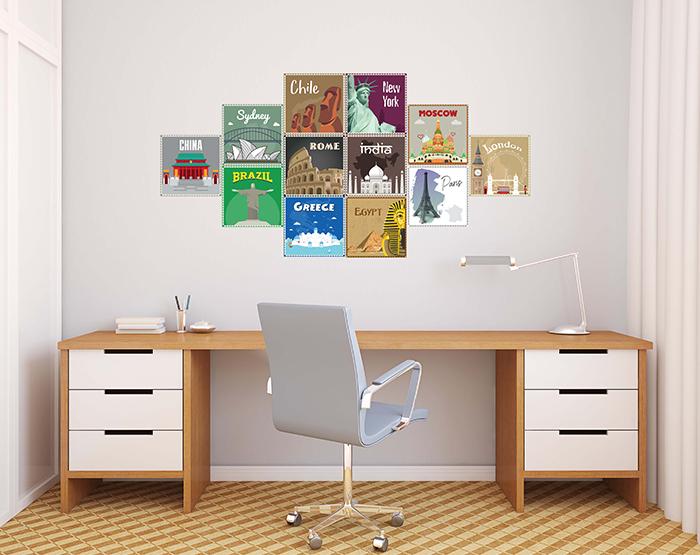 12x2 (24 pcs) TRAVEL THE WORLD WITH THESE ILLUSTRATED STAMP WALL