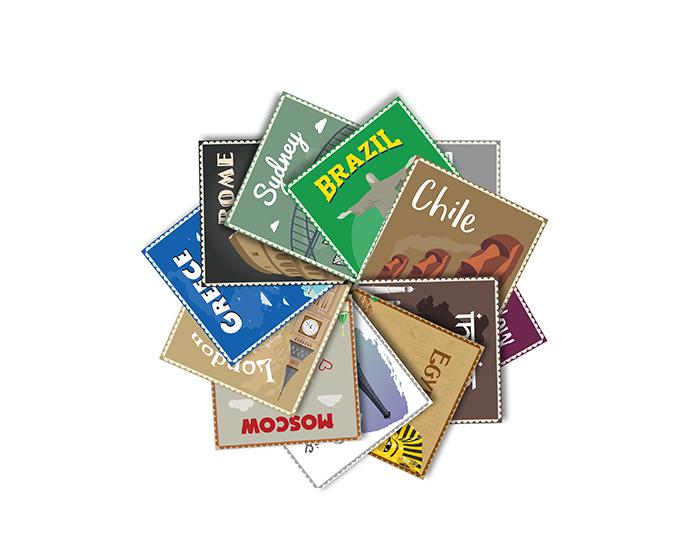 12x2 (24 pcs) TRAVEL THE WORLD WITH THESE ILLUSTRATED STAMP WALL