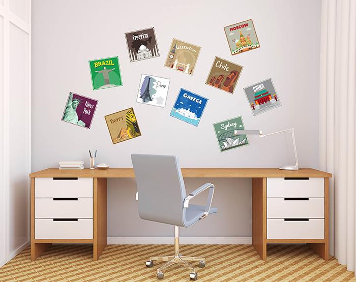12x2 (24 pcs) TRAVEL THE WORLD WITH THESE ILLUSTRATED STAMP WALL