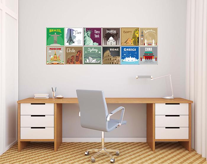 12x2 (24 pcs) TRAVEL THE WORLD WITH THESE ILLUSTRATED STAMP WALL