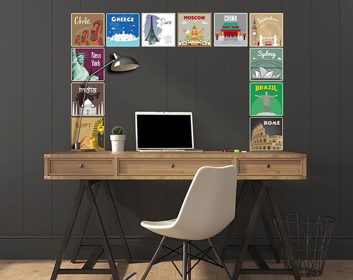 12x2 (24 pcs) TRAVEL THE WORLD WITH THESE ILLUSTRATED STAMP WALL