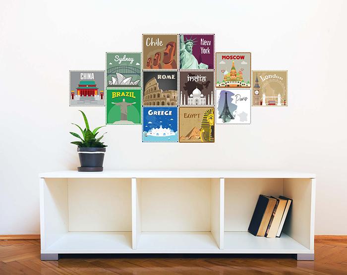12x2 (24 pcs) TRAVEL THE WORLD WITH THESE ILLUSTRATED STAMP WALL
