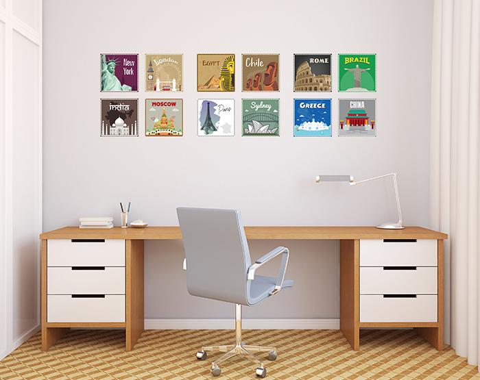 12x2 (24 pcs) TRAVEL THE WORLD WITH THESE ILLUSTRATED STAMP WALL