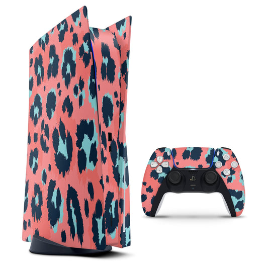 Leopard Coral and Teal V23 - Full Body Skin Decal Wrap Kit for Sony