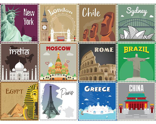 12x2 (24 pcs) TRAVEL THE WORLD WITH THESE ILLUSTRATED STAMP WALL