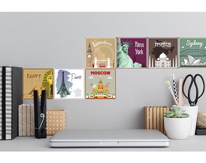 12x2 (24 pcs) TRAVEL THE WORLD WITH THESE ILLUSTRATED STAMP WALL