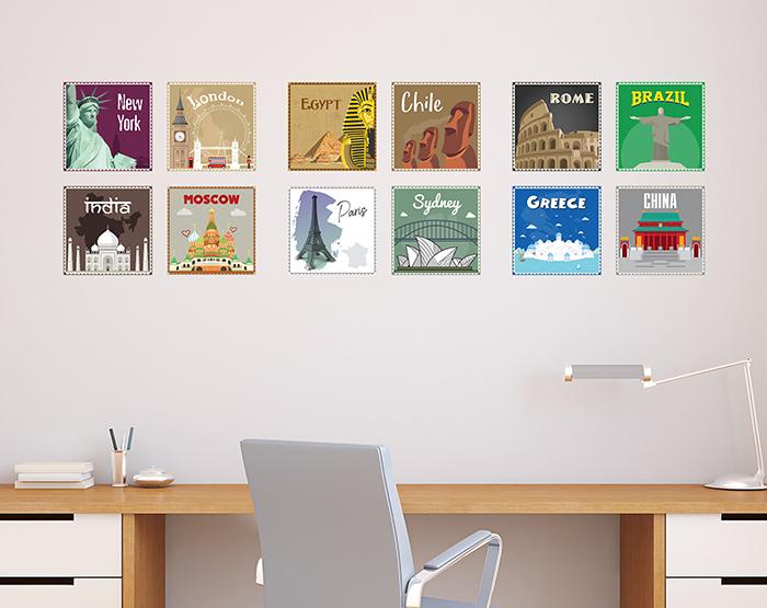 12x2 (24 pcs) TRAVEL THE WORLD WITH THESE ILLUSTRATED STAMP WALL
