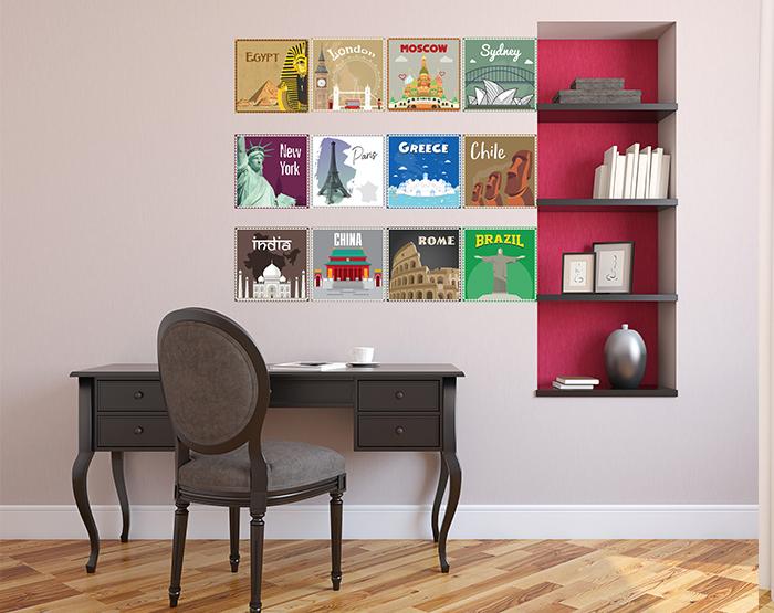 12x2 (24 pcs) TRAVEL THE WORLD WITH THESE ILLUSTRATED STAMP WALL