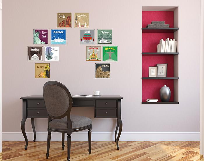 12x2 (24 pcs) TRAVEL THE WORLD WITH THESE ILLUSTRATED STAMP WALL