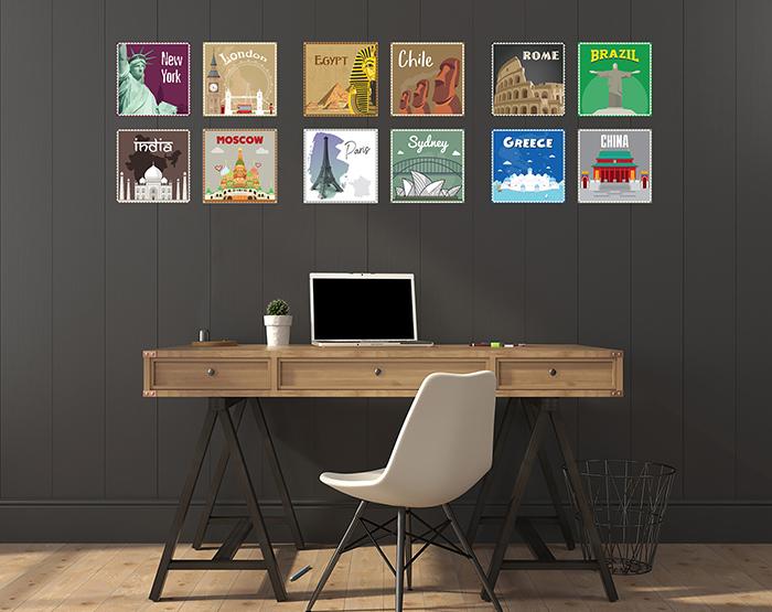 12x2 (24 pcs) TRAVEL THE WORLD WITH THESE ILLUSTRATED STAMP WALL